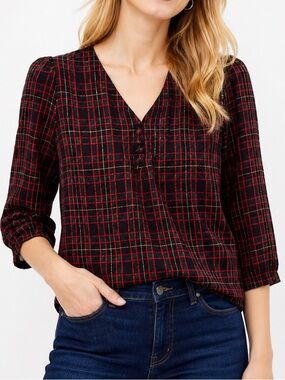 LOFT Black Red Green Gold Plaid V-Neck Blouse Puff Sleeve Top Women’s Shirt